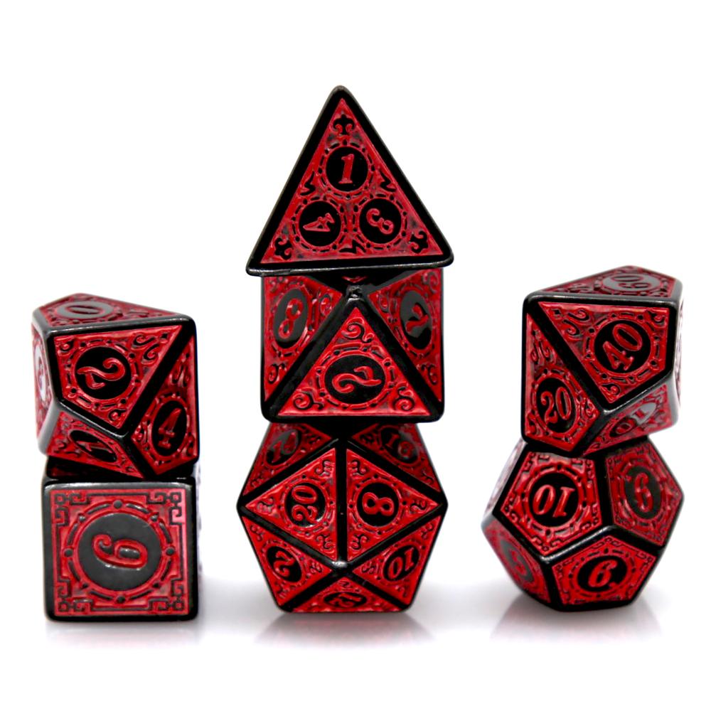 Board Game Arena - 7 ชิ้นสีดำสีแดงอะคริลิคโพลีเฮดรัลชุดลูกเต๋ารูปแบบย้อนยุค DND RPG ลูกเต๋าสำหรับเกมกระดานเล่นตามบทบาทบนโต๊ะอุปกรณ์เสริม